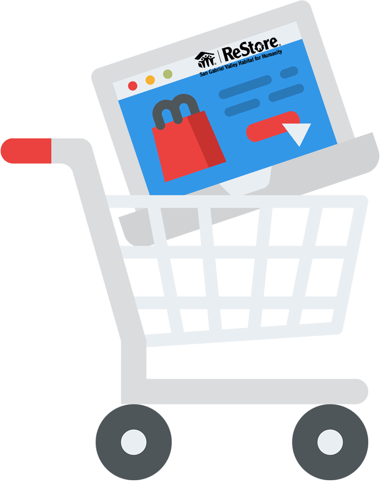 Shop online concept with shopping cart and computer.