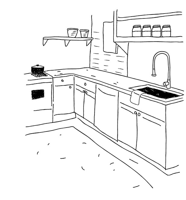 Pencil sketch of a kitchen.