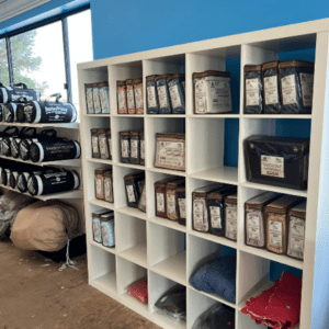 Close up of linens on shelves.